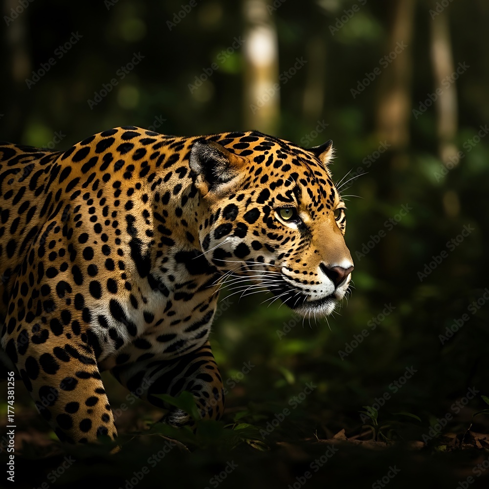 Fototapeta premium Jaguar stalking in the Amazon rainforest, a powerful predator in its natural habitat.