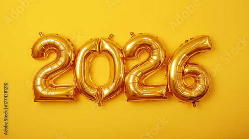 Golden foil balloons in the shape of numbers 2026 on bright yellow background