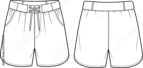 Women's shorts technical sketch, front and back view, fashion design template, flat vector illustration, CAD drawing, garment construction, apparel blueprint, sewing pattern