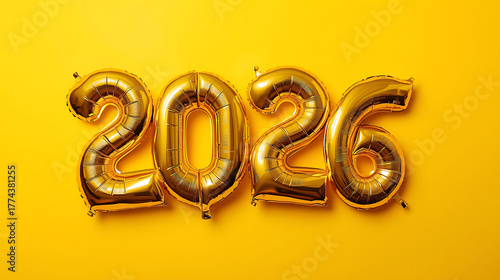 Golden foil balloons in the shape of numbers 2026 on a yellow surface
