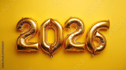 Golden foil balloons in the shape of numbers 2026 on yellow colored backdrop