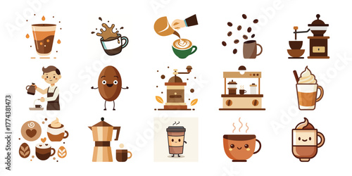 Collection of cute cartoon coffee elements and characters for cafe and beverage design