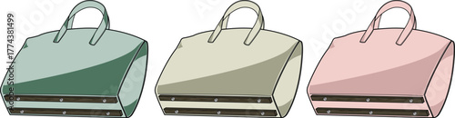 Three stylized handbags in pastel colors, displayed side-by-side on a white background