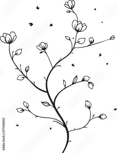 Stylized flowering plant with scattered petals and branching stems in black and white line art for botanical design themes