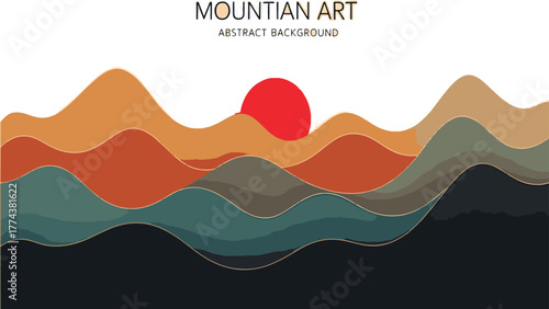 Abstract minimalist mountain landscape with a red sun and layered hills on white Keywords: abstract, art, background, minimalist, mountain