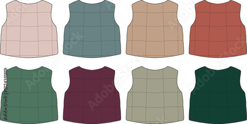 Collection of eight quilted vests in various soft, earthy tones laid out in a two-by-four grid, displayed from a top-down perspective