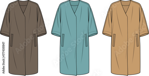 Technical flat sketch set of a women's oversized duster coat with pockets. Vector fashion illustration template for apparel design shown in multiple colorways