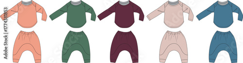 Collection of comfortable and stylish baby and toddler outfits in various solid colors, featuring long-sleeve tops and relaxed-fit pants, perfect for everyday wear and playful activities