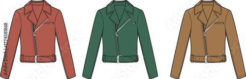 Vibrant Leather Jacket Trio A Stylish Selection in Red, Green, and Brown for Fashion and Apparel