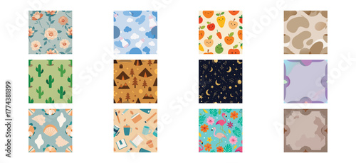 Collection of twelve unique colorful and patterned backgrounds with diverse themes including floral abstract and nature elements