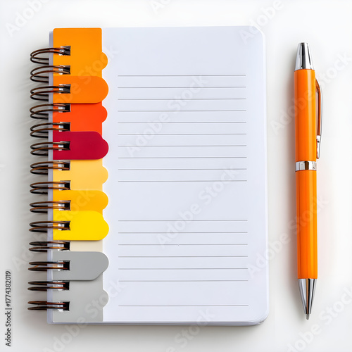 Bright orange pen rests beside a spiral notebook with colorful index tabs