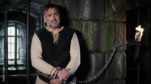 Man in chains trapped, looking worried in medieval prison. Used for history, crime, or drama