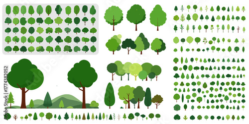 Vibrant collection of diverse tree illustrations for nature-themed designs, perfect for logos, educational materials, and landscape visualizations with fresh green colors