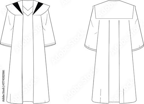 Technical graduation gown sketch, front and back view, academic robe, black V-stole design, wide sleeves, tailored fit, ceremonial attire, vector illustration