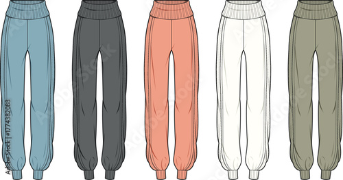 Collection of women's relaxed fit joggers and sweatpants in various pastel and neutral colors, showcasing fashion flat illustrations for apparel design and catalog mockups