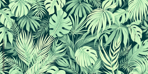 Lush tropical foliage pattern with vibrant monstera and palm leaves, perfect for adding a touch of nature to any design project or summery background