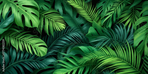 Lush tropical foliage creating a vibrant botanical texture, perfect for adding a fresh, natural touch to designs and branding with bright green leaves