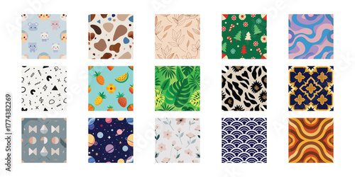 Collection of diverse seamless patterns for design and decoration with various themes and styles