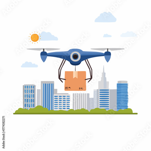 Blue Delivery Drone Carrying Package Over Cityscape Illustration.