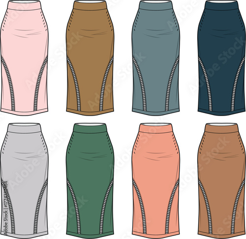 Variety of Fashionable Pencil Skirts in Various Colors, Perfect for Wardrobe Design and Style Inspiration
