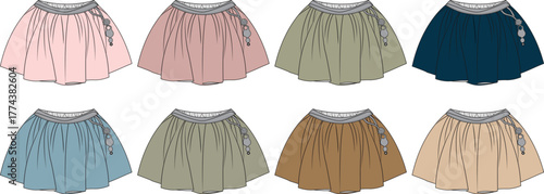 Fashion technical flat sketch set of a woman's flared mini skirt with tassel detail. Apparel design template collection in multiple colors