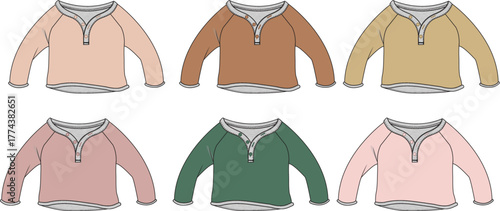 Set of six children's tops in various soft pastel and earthy tones, featuring a Henley neckline and long sleeves for comfortable wear