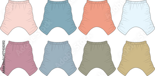 Illustrative set showcasing eight different pastel-colored pairs of soft baby bloomers and shorts, perfect for comfortable infant and toddler apparel design templates and collections