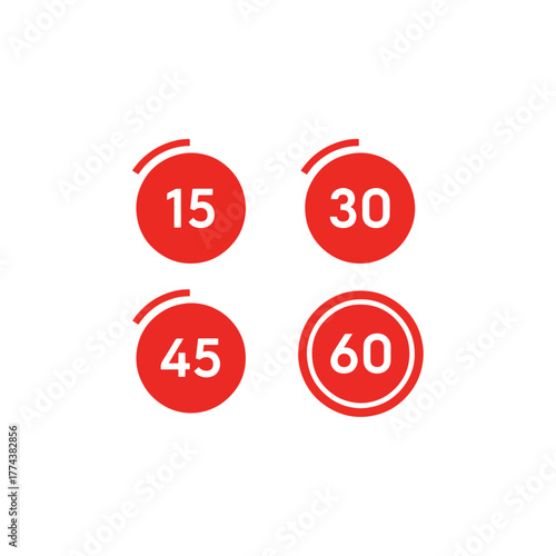 Red circular icons representing time intervals 15, 30, 45, and 60, progress bar, digital display, vector illustration
