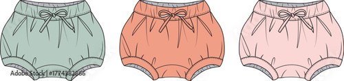 Set of baby bloomer shorts in pastel green, pink, and orange. Technical flat sketch for apparel design and clothing mockups