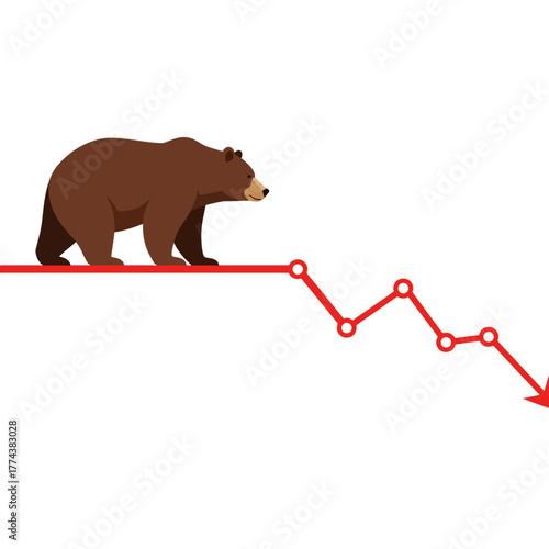 Bear market symbol, a brown animal on a steep declining financial graph, economic recession concept.
