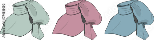 Three distinct puffs of fabric in pastel shades of green, rose, and blue, showcasing elegant draped clothing with tied accents