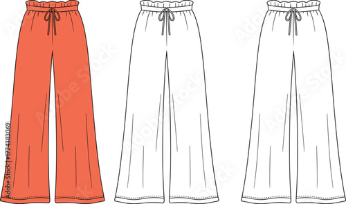Wide leg drawstring pants front and back view, orange red color, fashion flat sketch, relaxed fit apparel vector design