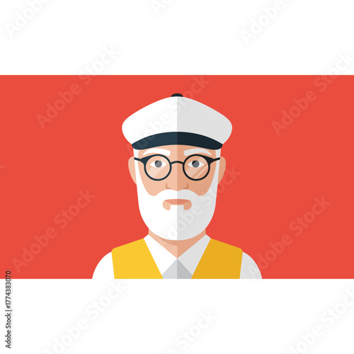 Elderly man with white beard and round glasses, wearing a cap and vest, flat design avatar