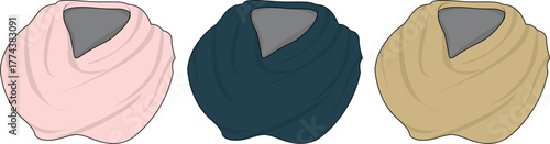 Three draped fabric swatches in pastel pink, dark teal, and light gold, showcasing textile samples for fashion or interior design