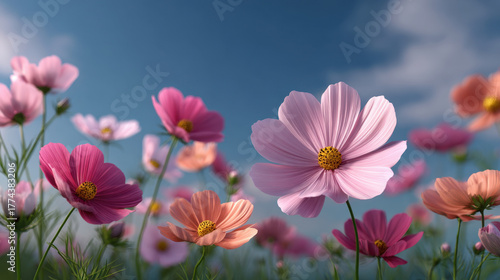 Lush pink meadow cosmos flower vibrant sky gentle sunlight joyful breeze soft petals natural beauty romantic scene