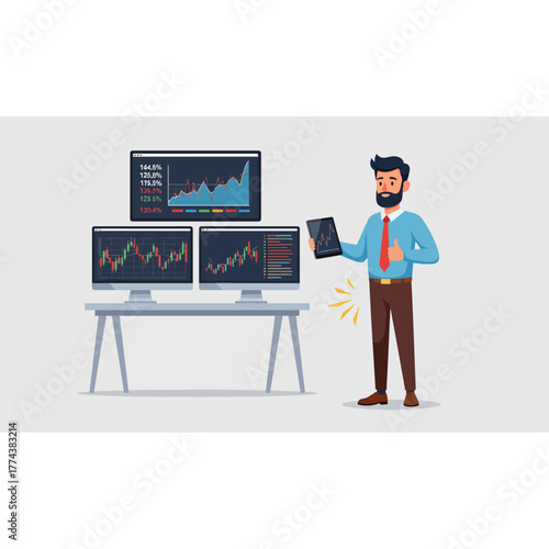 Successful investor analyzing financial stock market charts on multiple screens with tablet