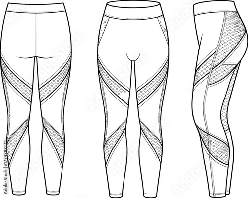 Women’s athletic leggings back and side view, mesh panel design, curved seam detail, fashion flat sketch, apparel vector template