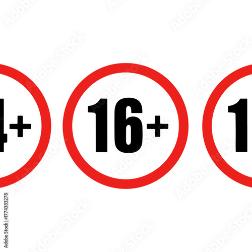 Age restriction signs set, 16 plus icon for mature content, legal minimum age warning symbol.