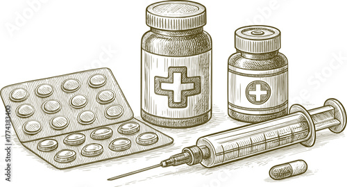 Pharmacy and medicine sketch vector illustration. Pills, syringe, and bottle set for healthcare, medical, and hospital design.
