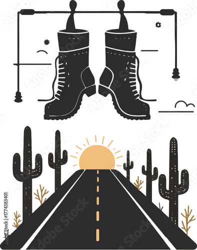 Journey's Embrace: An artistic illustration evokes the spirit of travel and the open road, featuring boots suspended above a desert landscape with a rising sun and cactus. 