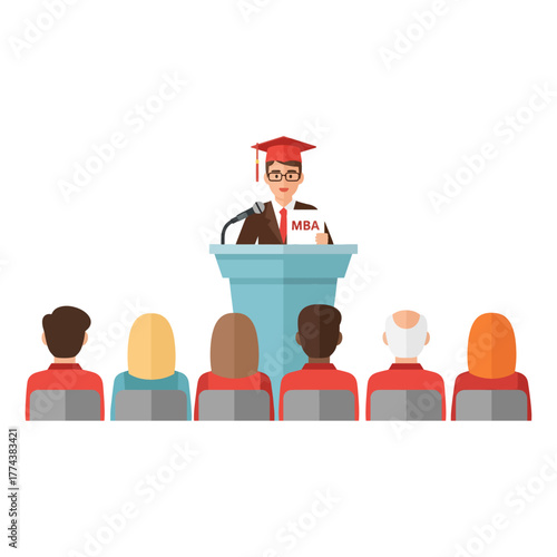 MBA graduation ceremony speaker delivering a speech to an attentive audience, academic achievement concept