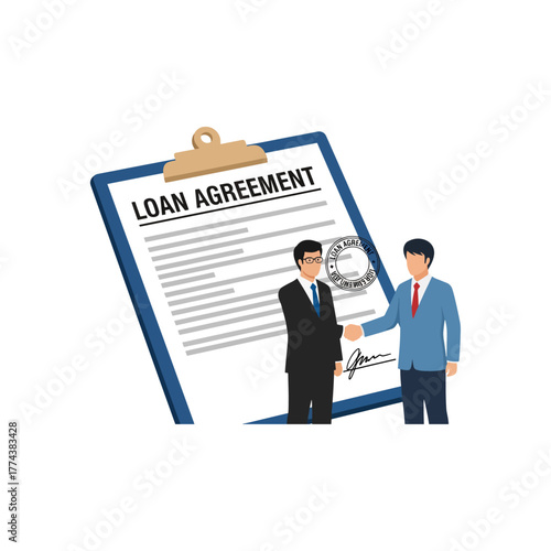 Official loan agreement document featuring a professional handshake between two successful business partners