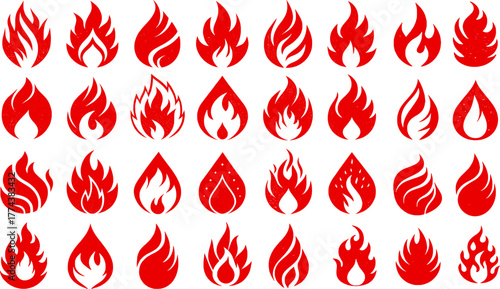 Red fire flame vector icon set. Burning flame shapes and hot energy symbols for warning, heat, and power concepts.