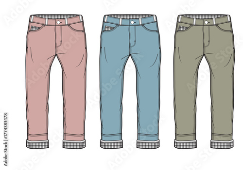 Colorful denim jeans collection with rolled-up cuffs, perfect for stylish outfits