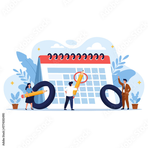 People marking important dates on a large calendar with pencils, effective time management and organization