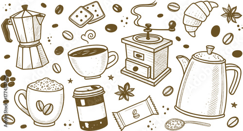 Hand drawn coffee and breakfast vector sketch. Espresso maker, croissant, cup, and coffee beans illustration for cafe design.