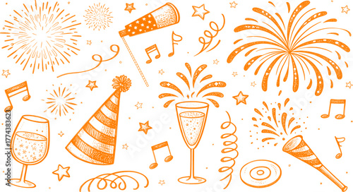 Party and celebration doodle vector set with fireworks, champagne, confetti, and music elements for festive event design.