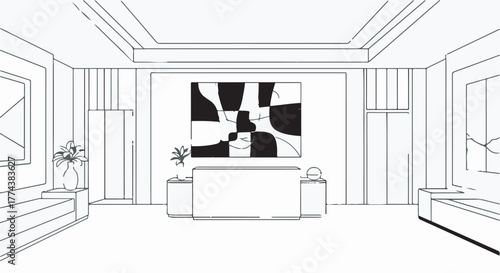 Sleek modern office reception area with abstract art and minimalist design