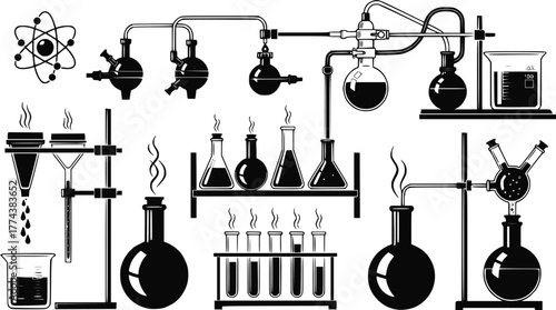 Design for science education websites, stem promotional materials, or lab safety posters: Black vector silhouette set of chemistry laboratory equipment, glassware, atom icon. EPS version.