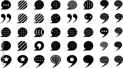 Black punctuation marks, commas, and quote speech symbols. Vector graphic design shapes for typography and layout decoration.